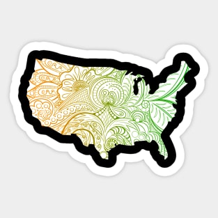 Colorful mandala art map of the United States of America in green and orange on white background Sticker